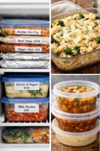 Organized freezer filled with labeled healthy freezer meals, soups, and casseroles.
