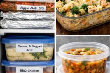 Organized freezer filled with labeled healthy freezer meals, soups, and casseroles.