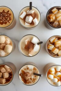 Assorted iced coffee recipe drinks topped with marshmallows, cinnamon, caramel drizzle, and whipped toppings on a marble background.