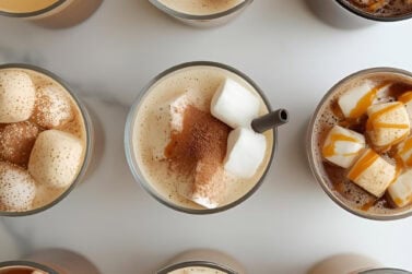 Assorted iced coffee recipe drinks topped with marshmallows, cinnamon, caramel drizzle, and whipped toppings on a marble background.
