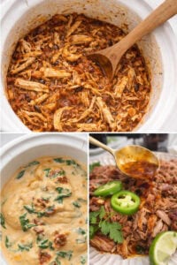 A collage of three healthy dump and go crockpot dinners, featuring shredded chicken in a tomato-based sauce, creamy Tuscan-style chicken with spinach, and BBQ pulled pork topped with sliced jalapeños and fresh herbs.