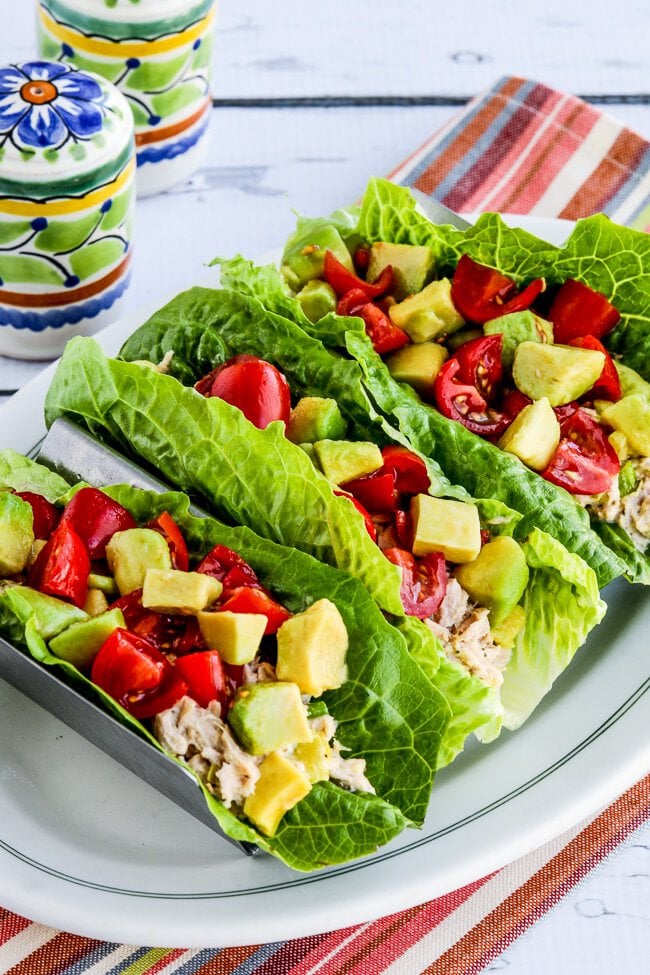 Tuna salad lettuce wraps with fresh ingredients, a quick high protein low calorie meal