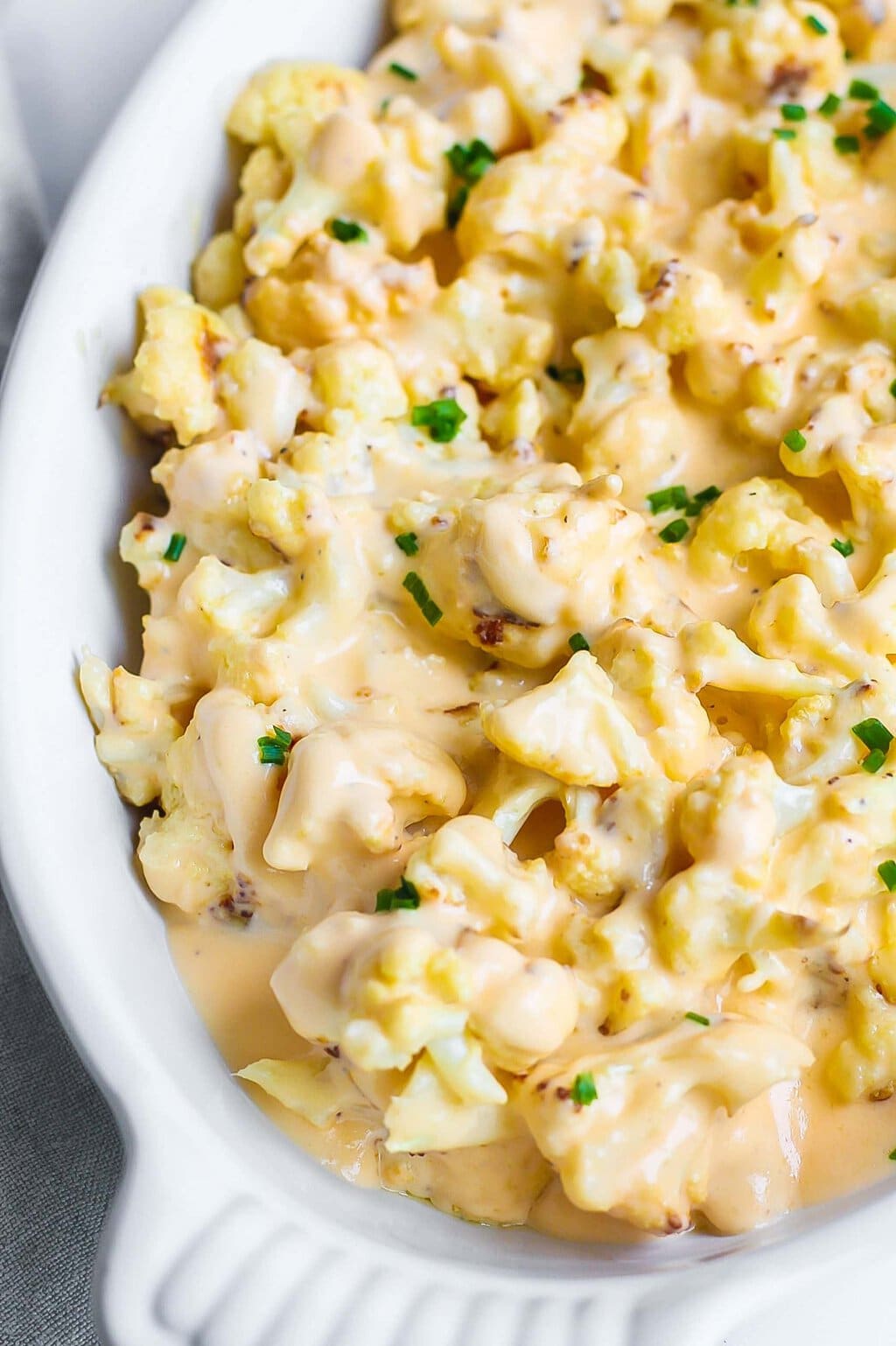 Cauliflower mac and cheese in a creamy sauce, a high protein low calorie comfort dish