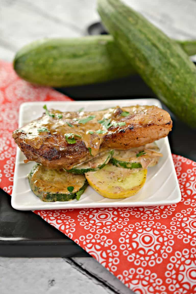 Pork chops with creamy mustard sauce and vegetables, an easy high protein dinner