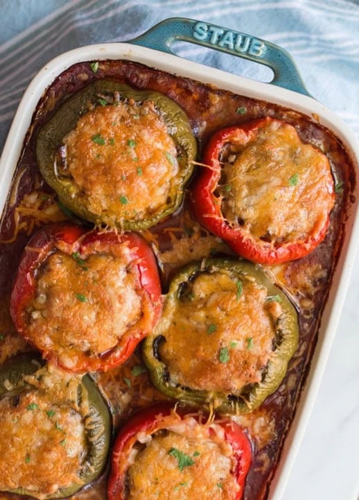 Stuffed bell peppers filled with protein and vegetables, a low calorie high protein meal